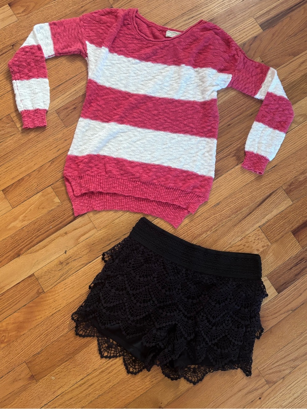 Pink Rose Striped Pink and White Crewneck Sweater paired with Shorts